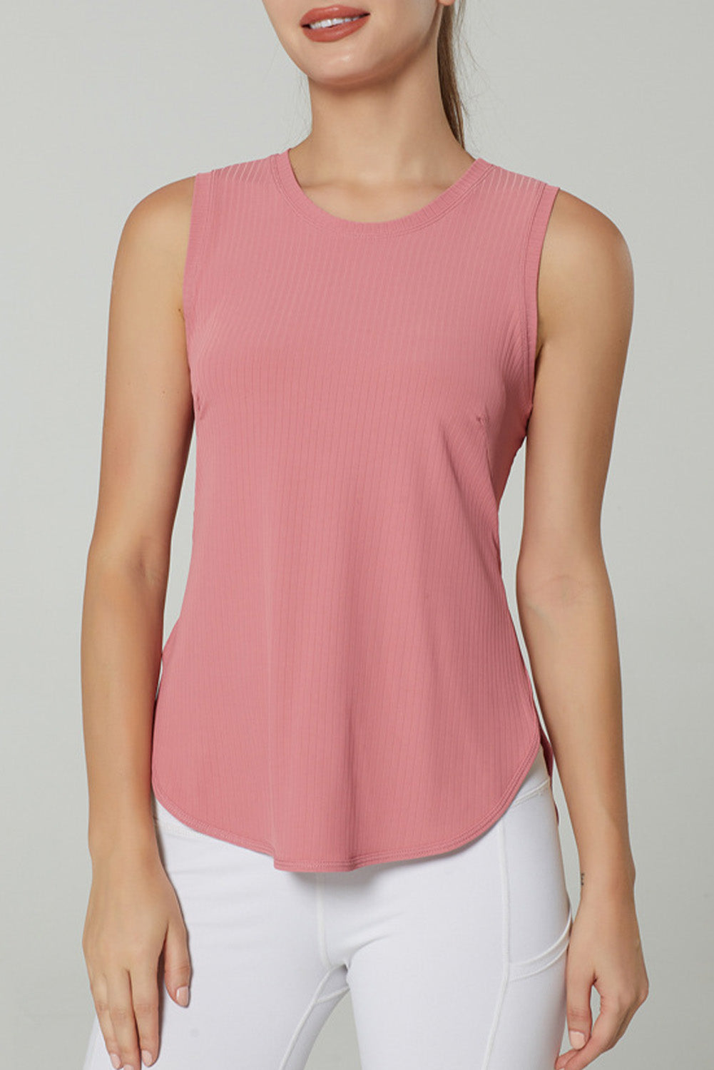 Peach Blossom Solid Color Round Hem Yoga Tank Top