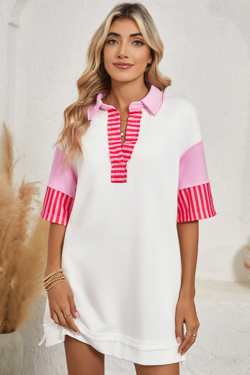 Pink Stripe Colorblock Sleeve Collared Mini Dress