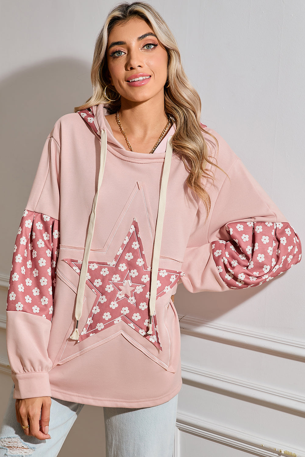 Apricot Floral Patchwork Star Pattern Drawstring Hoodie