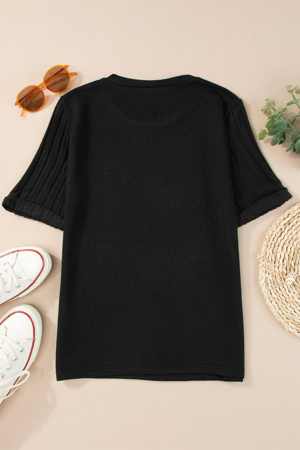 Black Ribbed Splicing Short Sleeve Round Neck T-shirt