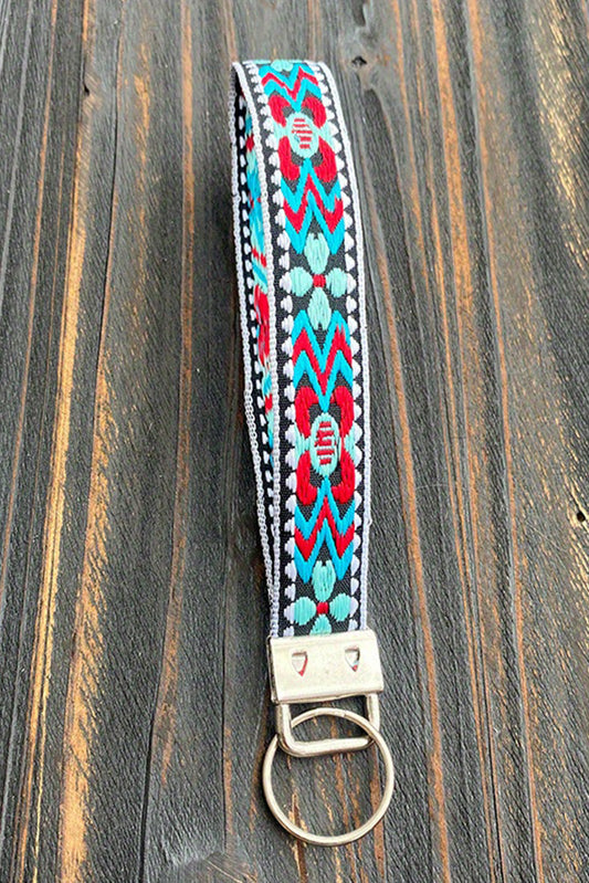 Light Blue Ethnic Pattern Knitted Wristband Keychain