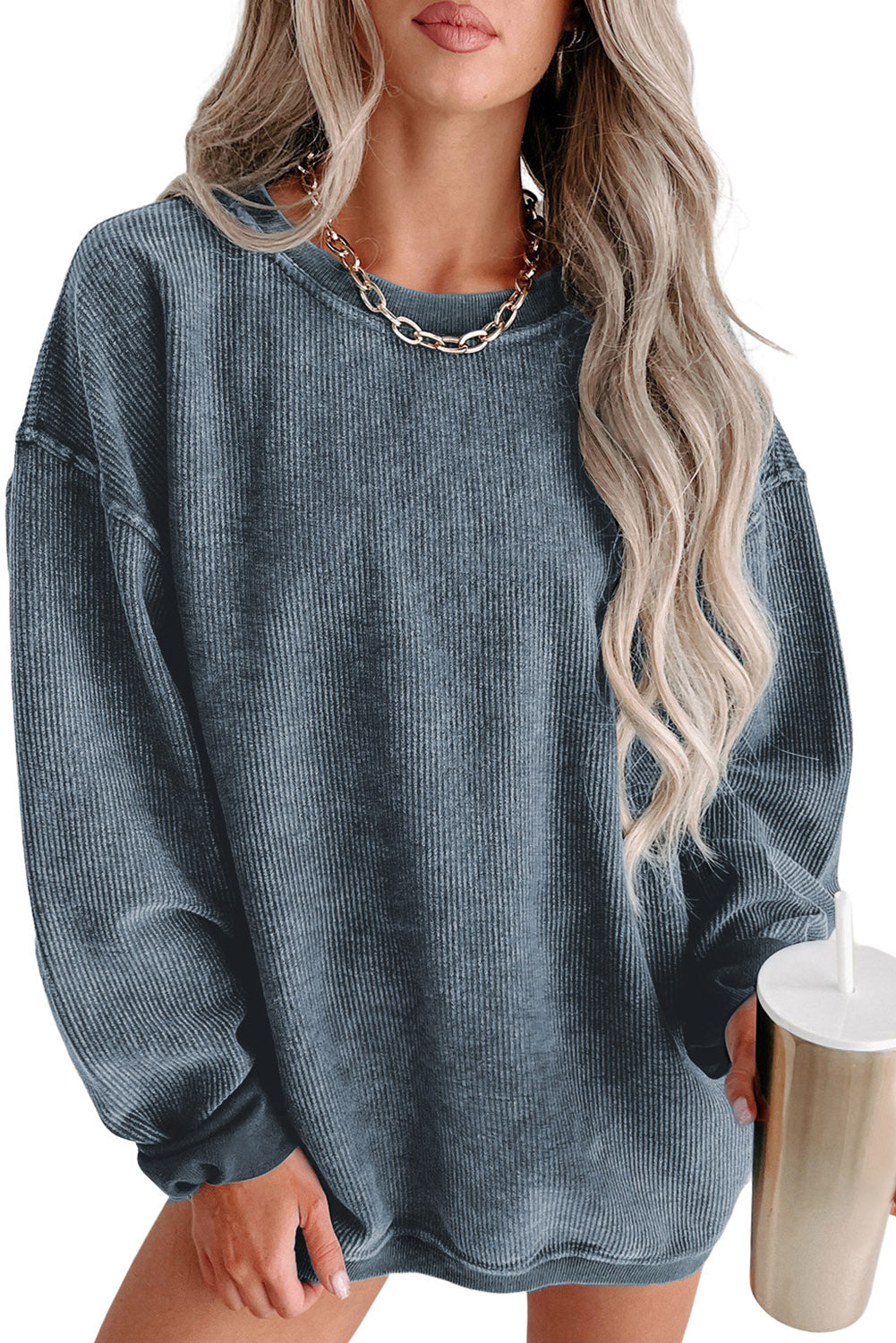 Khaki Solid Ribbed Round Neck Pullover Sweatshirt