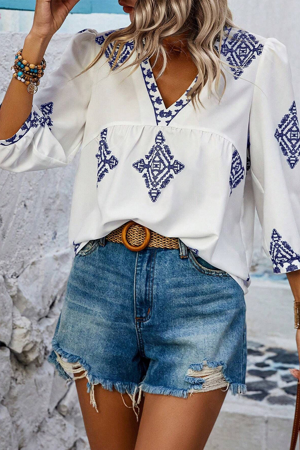 White Boho Geometric Print Bracelet Sleeve V Neck Blouse