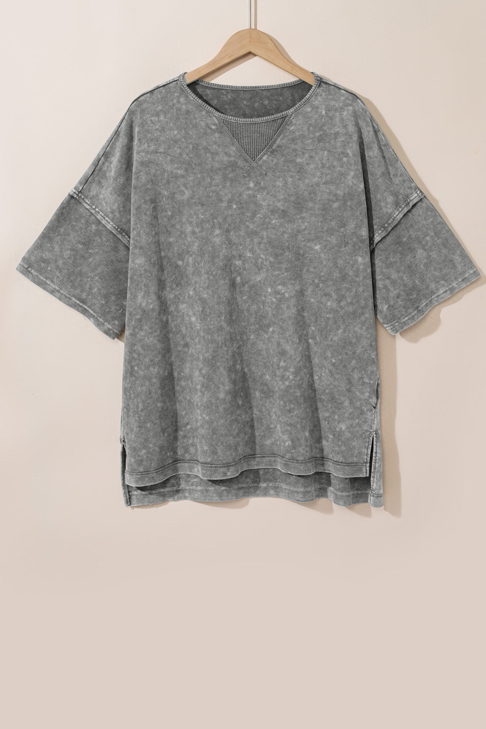 Light Grey Mineral Wash Drop Sleeve Patchwork Plus Size Tee