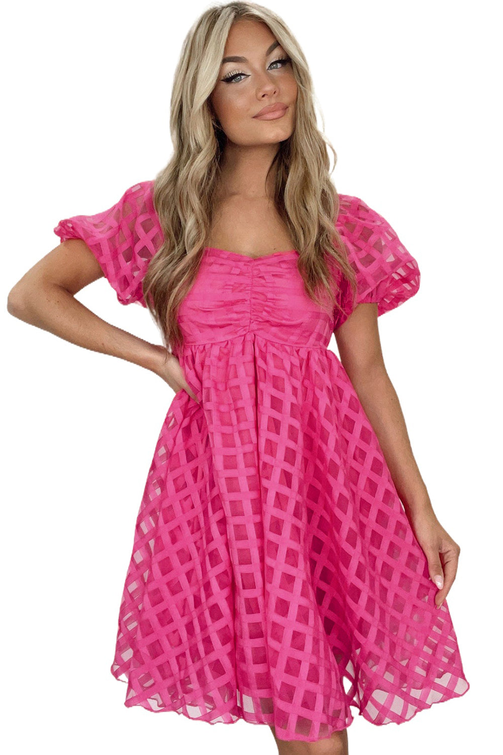 Strawberry Pink Checkered Puff Sleeve Babydoll Dress