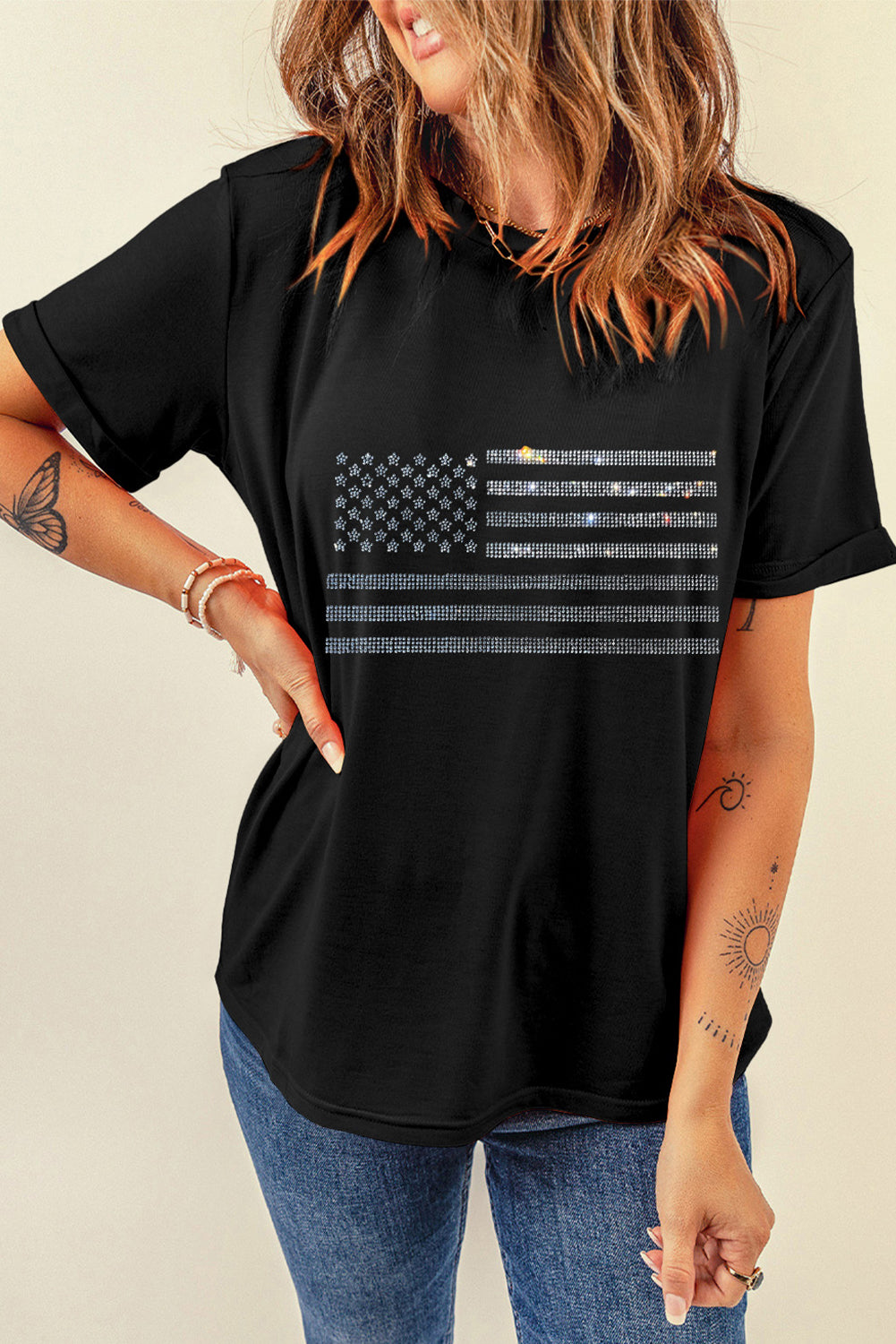 Black Rhinestone American Flag Graphic Crew Neck Tee