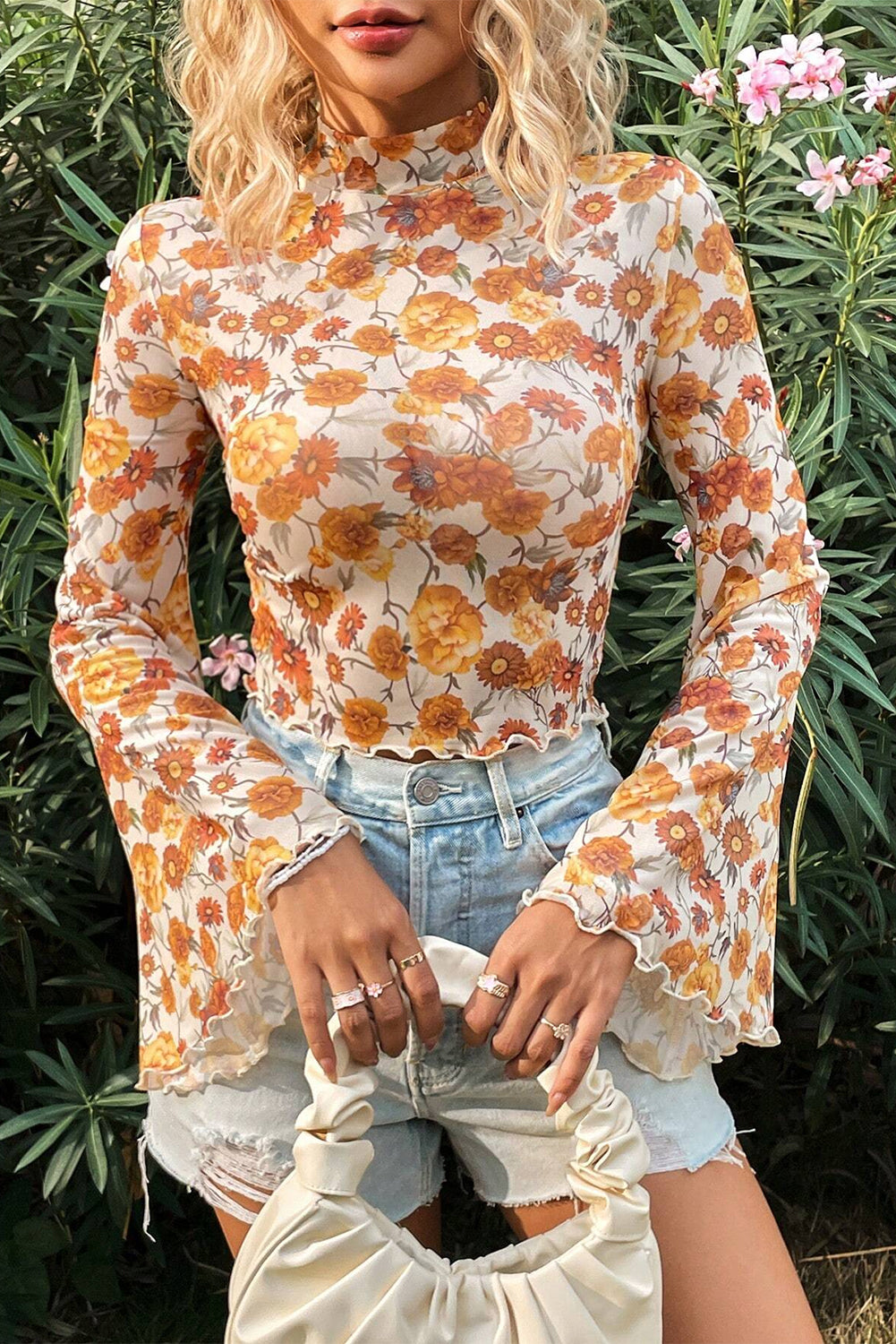 Orange Floral Print Bell Sleeve Mock Neck Scallop Trim Blouse