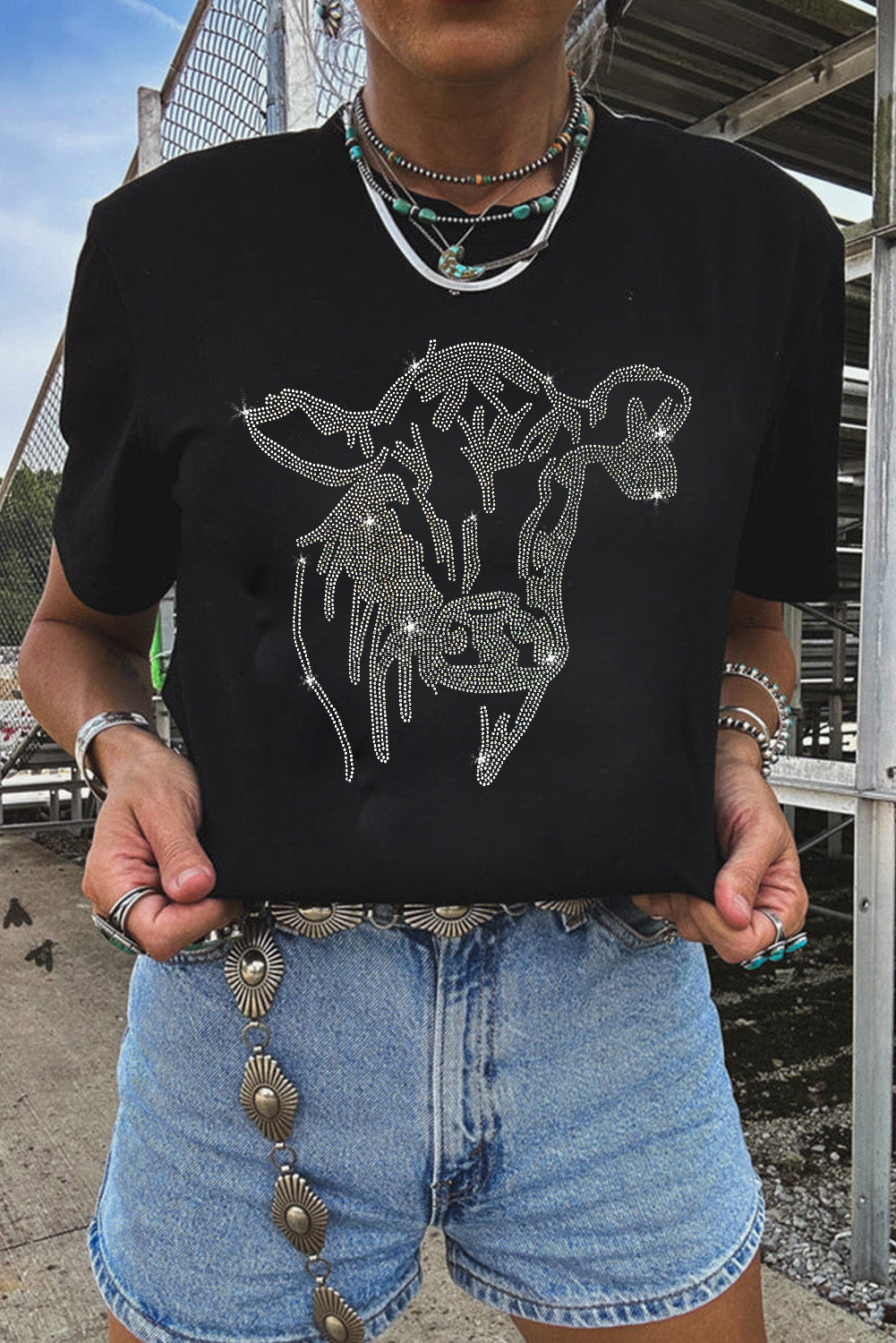 Black Rhinestone Steer Head Graphic T Shirt