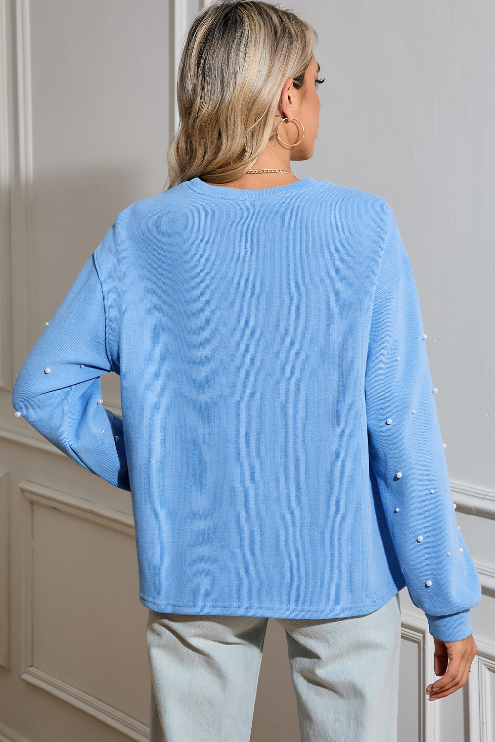 Myosotis Pearl Sleeves Ribbed Pullover Sweatshirt