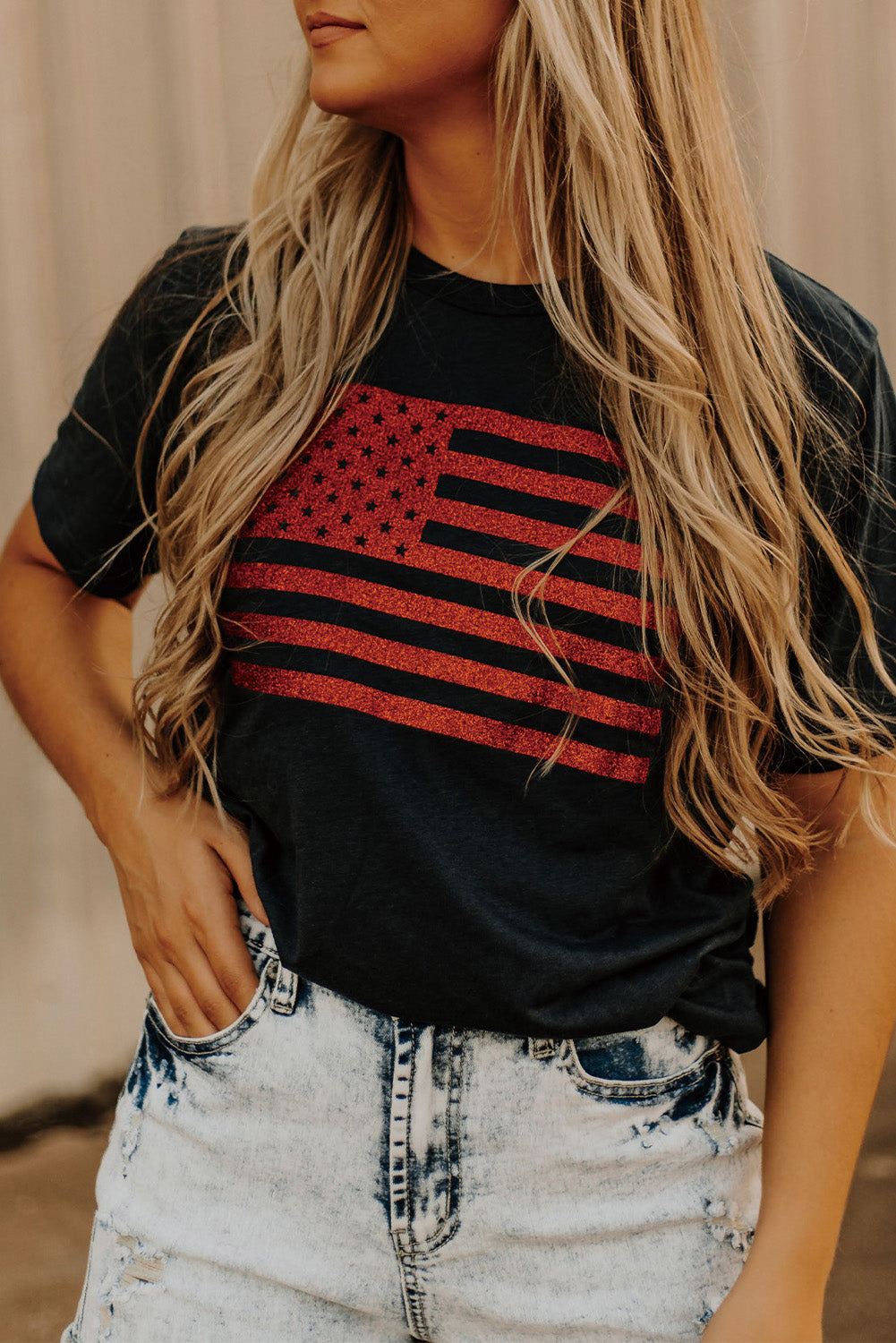 Black Sequin American Flag Graphic Round Neck T Shirt