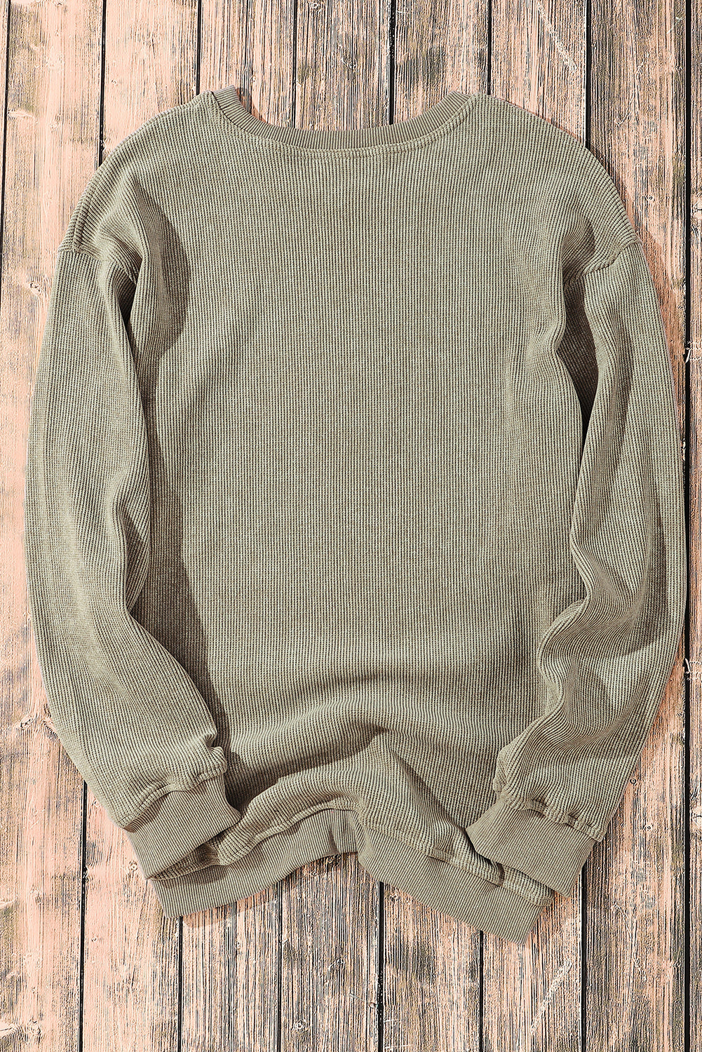 Khaki Solid Ribbed Round Neck Pullover Sweatshirt