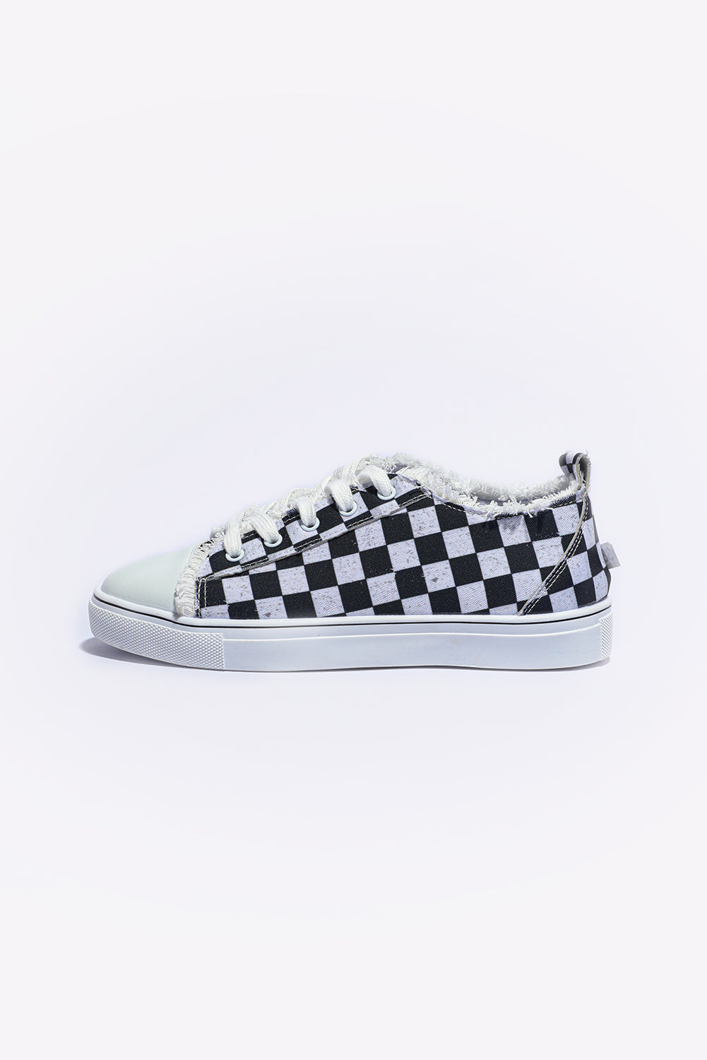 Black Checkered Print Raw Edge Lace-up Canvas Sneakers