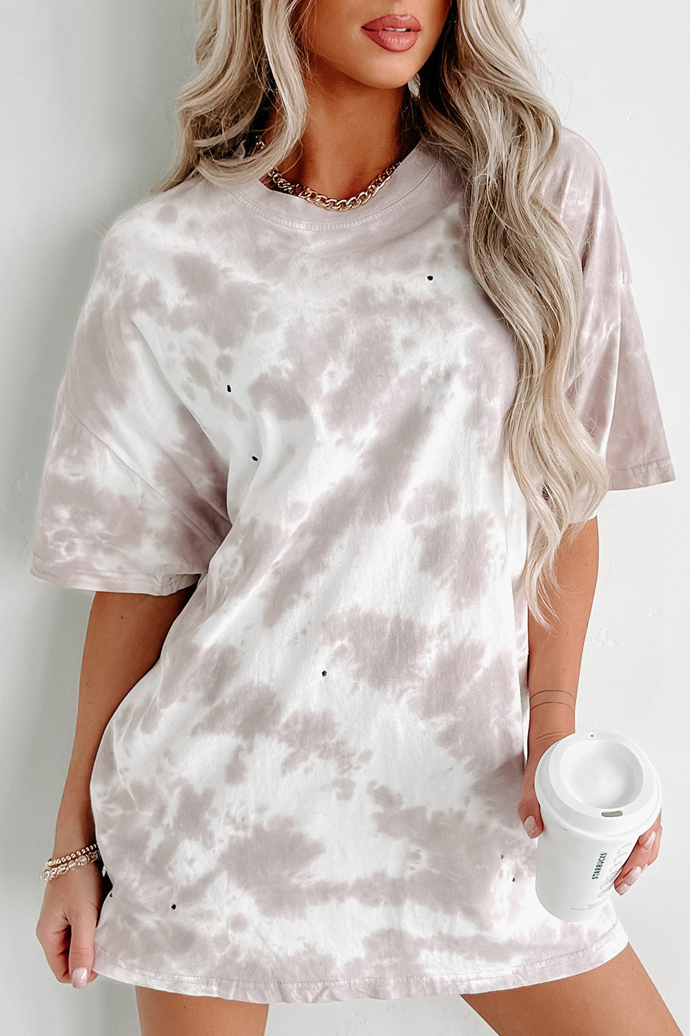 White Tie-dye Print Oversized Boyfriend T Shirt