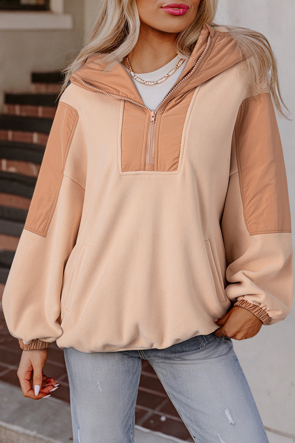 Pink Patchwork Half Zip Oversized Sherpa Hoodie