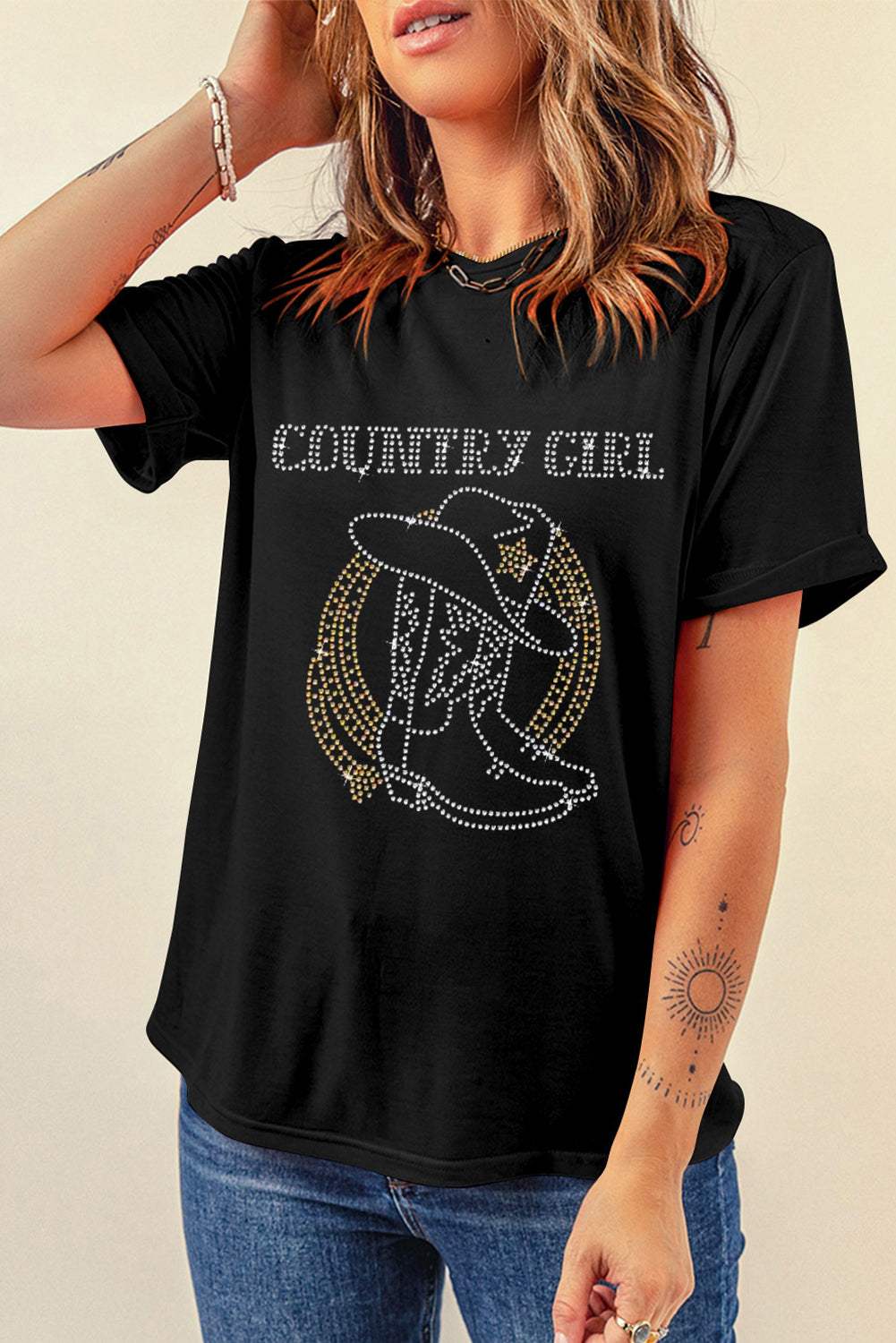 Black Rhinestone COUNTRY GIRL Boots Graphic T Shirt