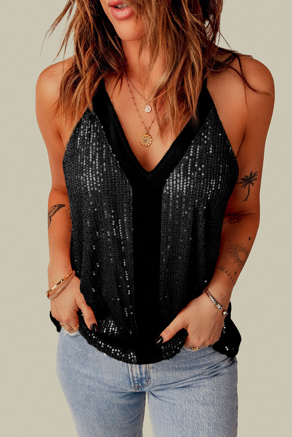 Black Sexy Contrast Spaghetti Strap Sequin Camisole