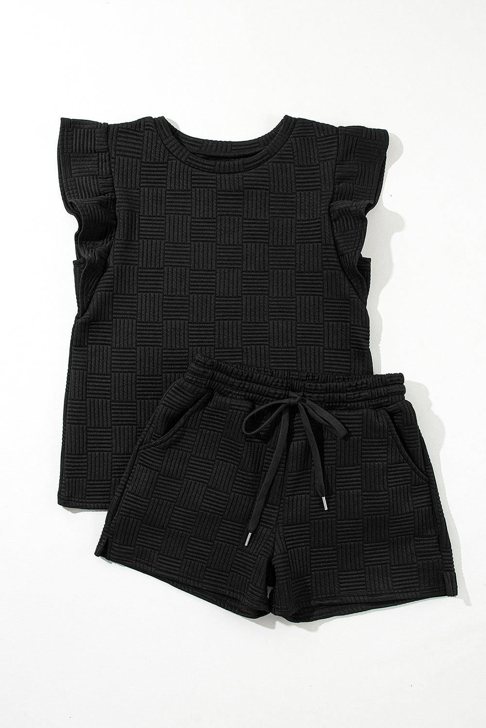 Black Textured Ruffle Sleeve Tee and Drawstring Shorts Set