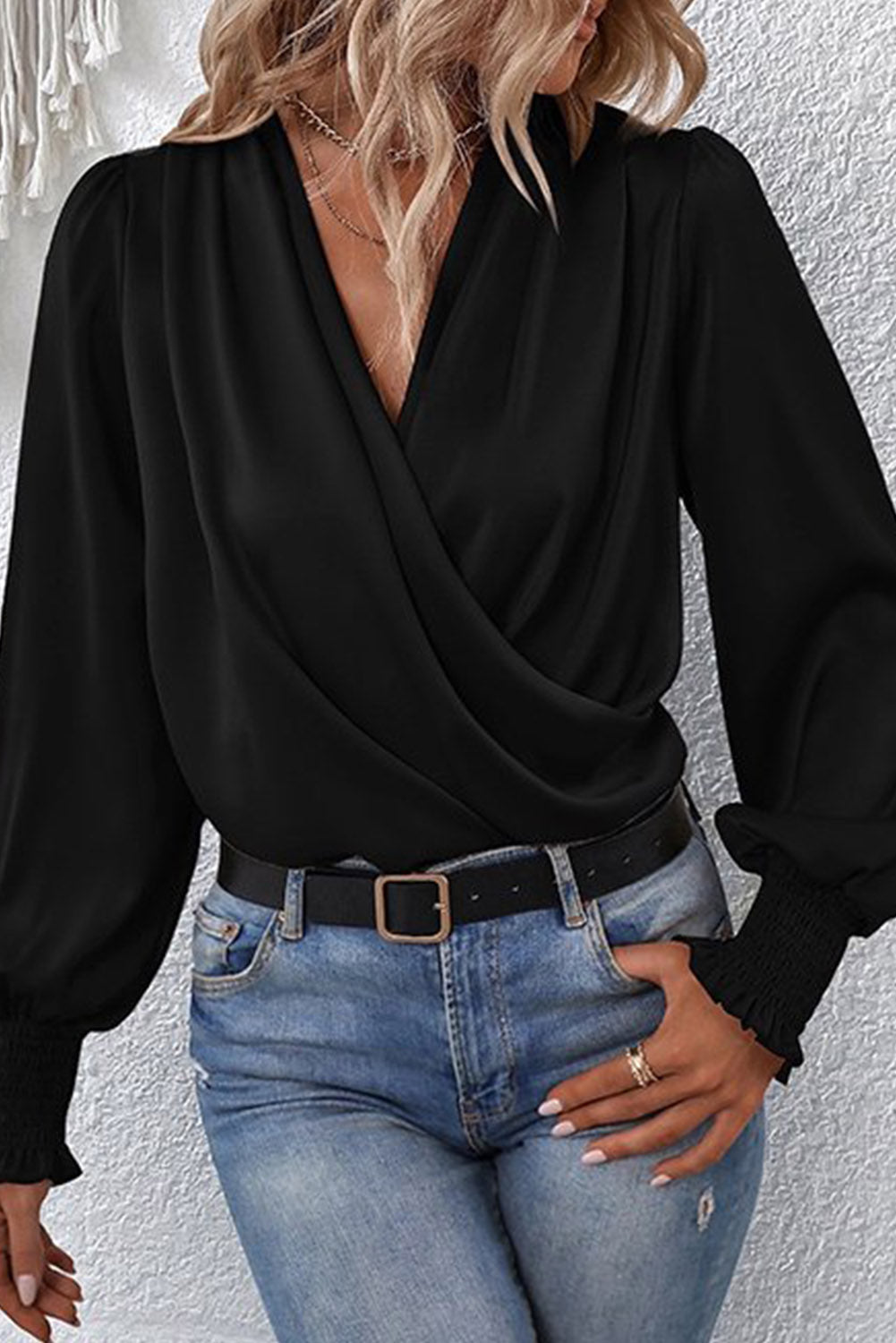 Black Plain Drape V Neck Long Sleeve Blouse for Women