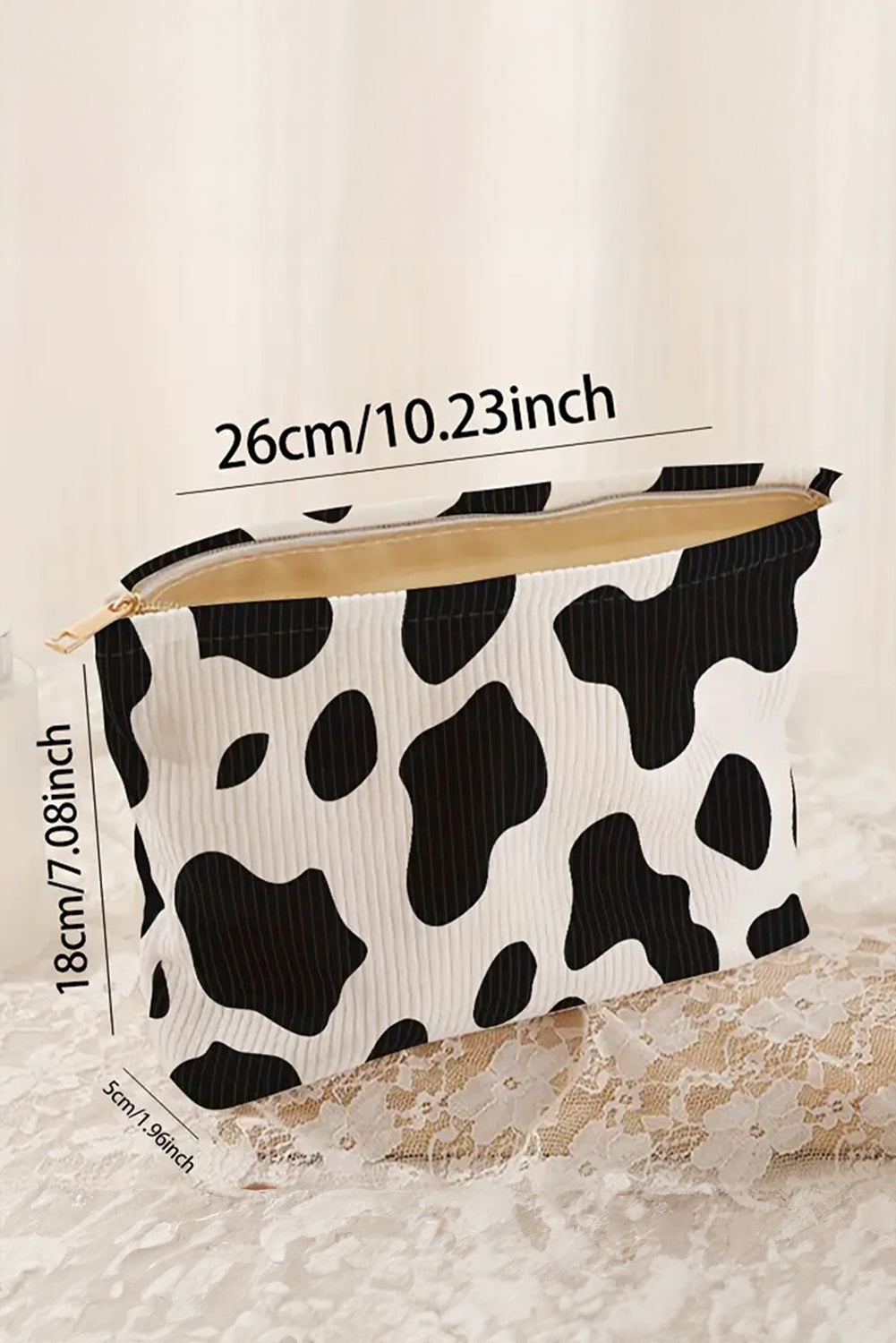 White Cow Pattern Corduroy Zipper Makeup Bag