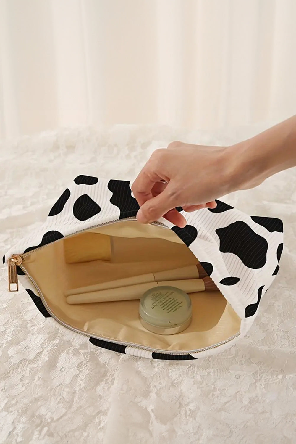 White Cow Pattern Corduroy Zipper Makeup Bag