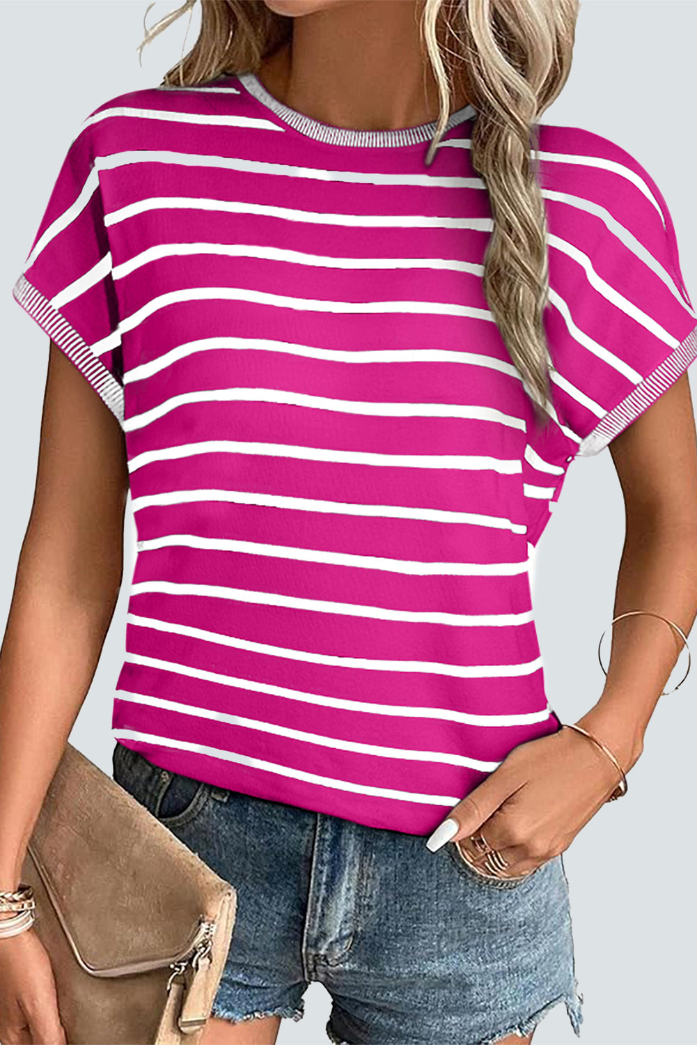 Sky Blue Stripe Knitted Dolman T Shirt