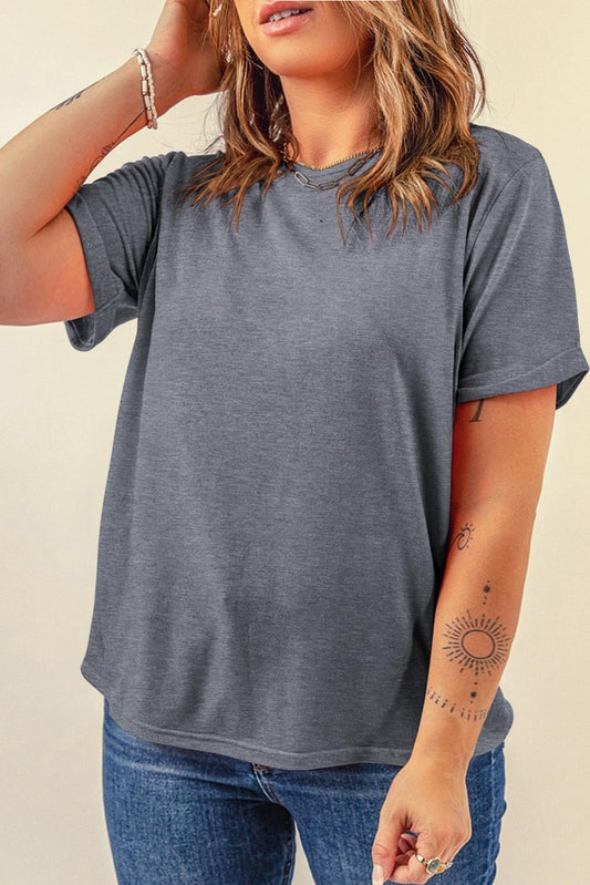 Gray Solid Color Basic Crew Neck Plain Tee