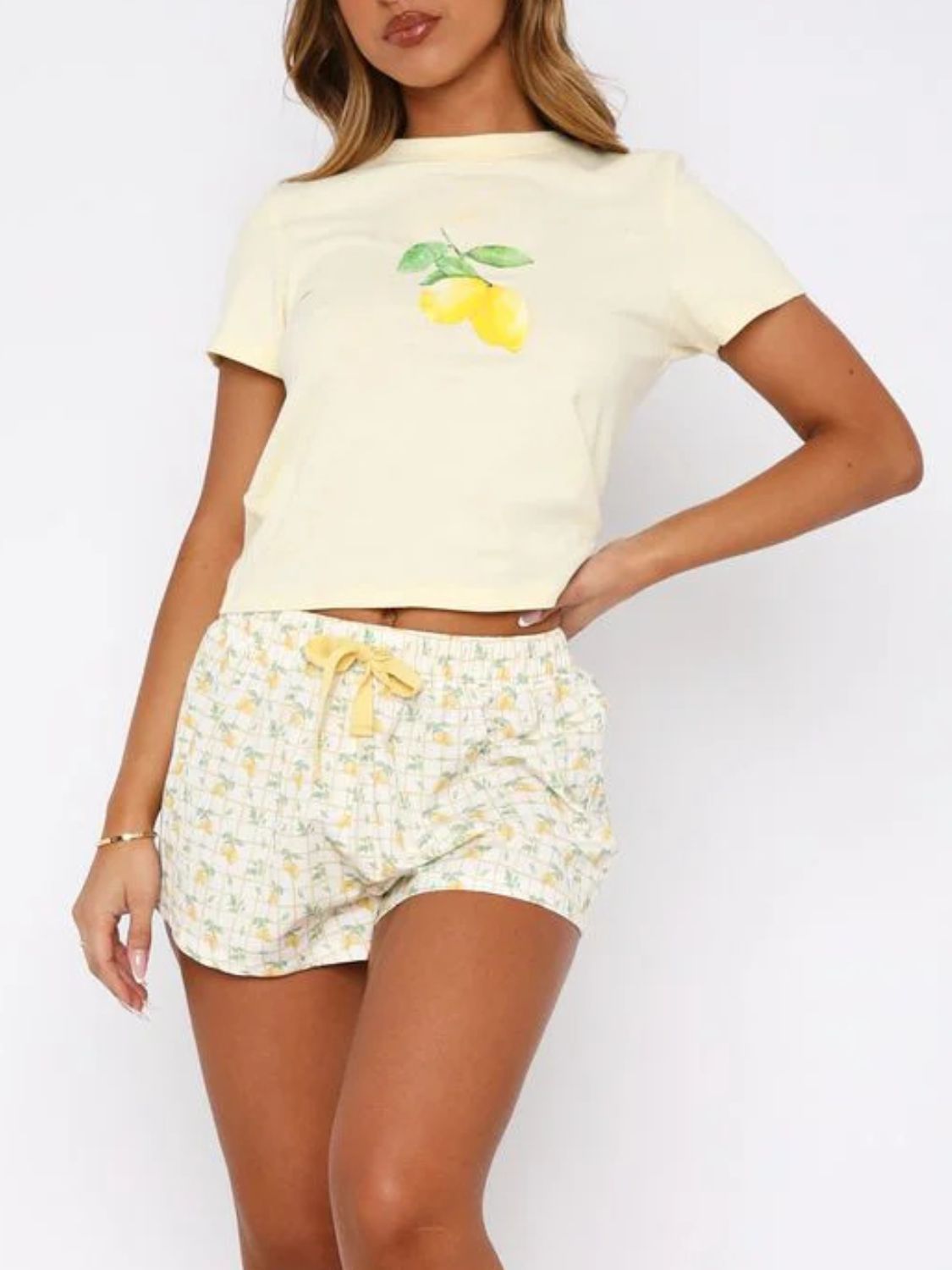 Printed Round Neck Short Sleeve Top and Drawstring Shorts Set