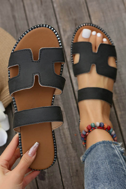 Black Leather H Band Flat Slides Shoes