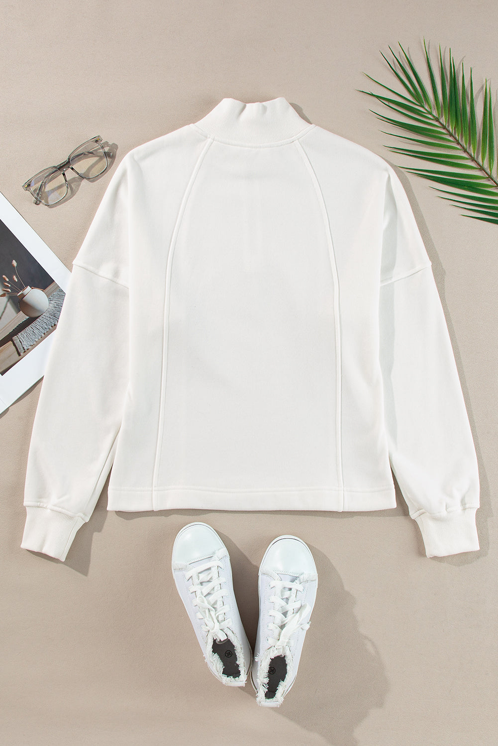 White Zipper Collared Drop Shoulder Plain Sweatshirt