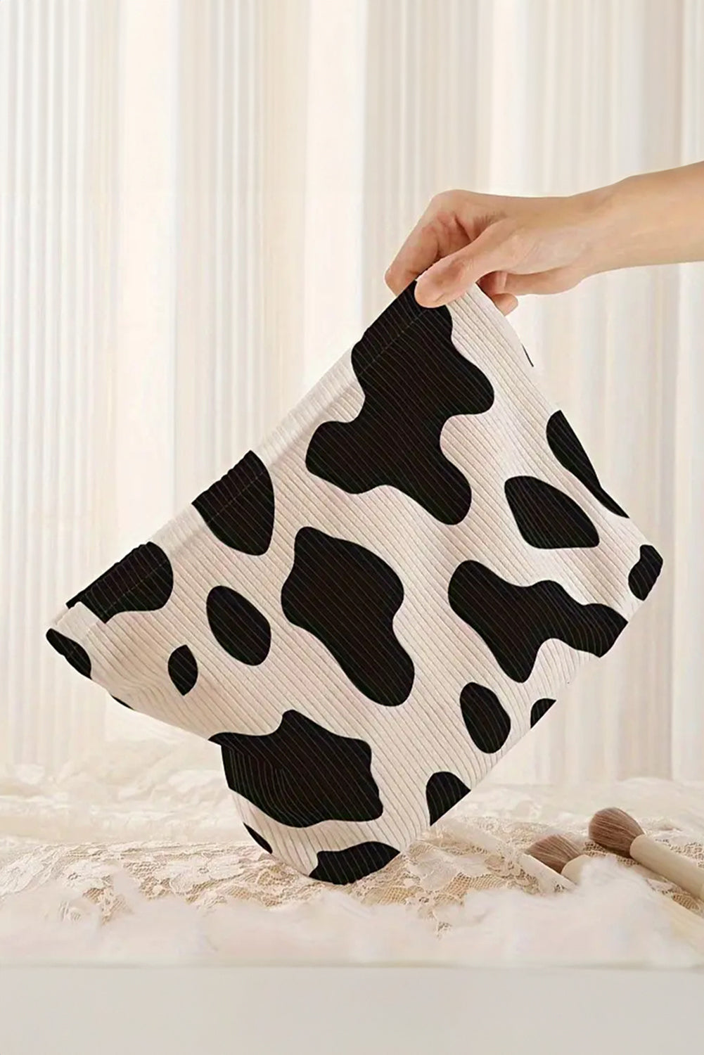 White Cow Pattern Corduroy Zipper Makeup Bag