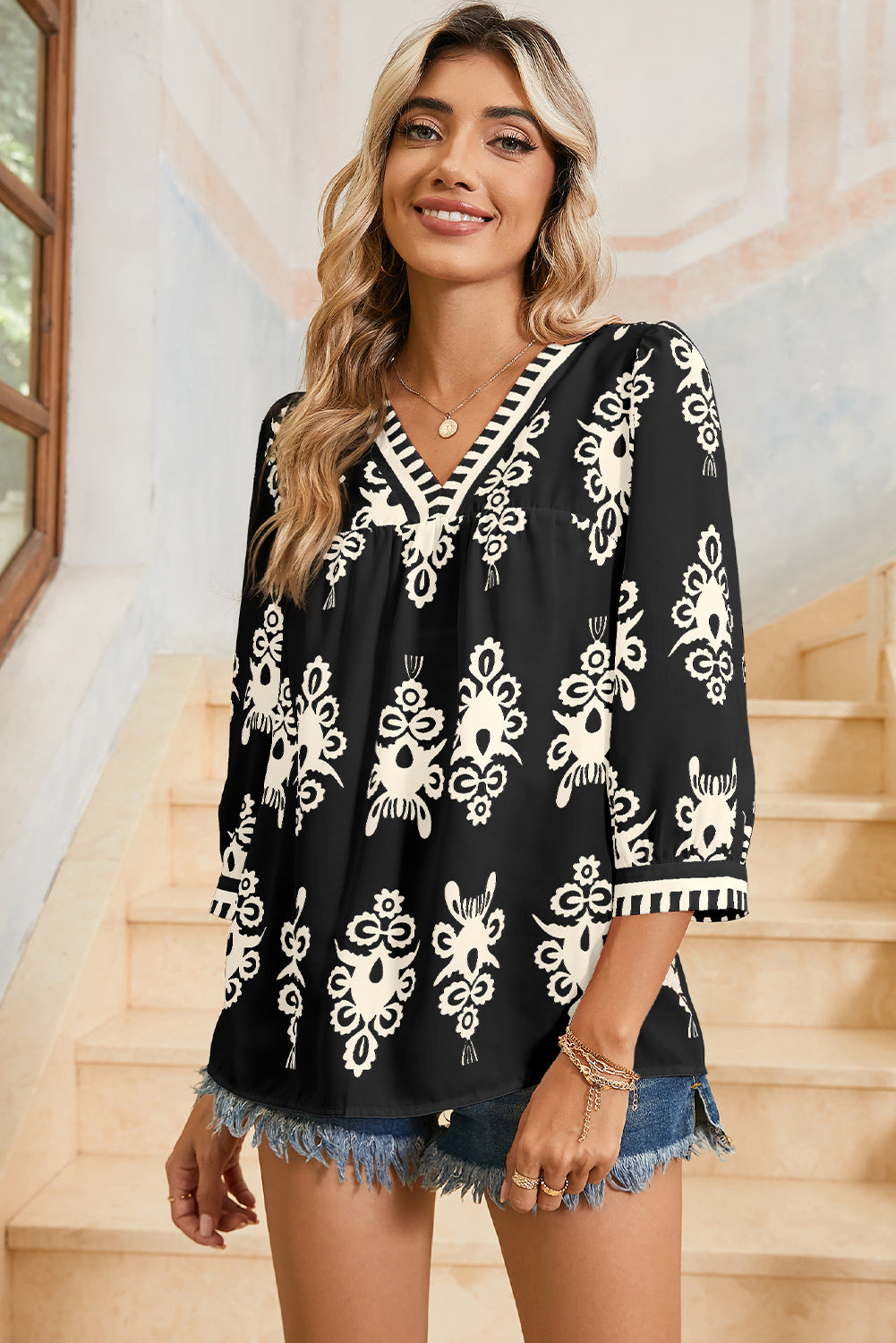 Beige Ethnic Abstract Print Puff Sleeve V Neck Blouse