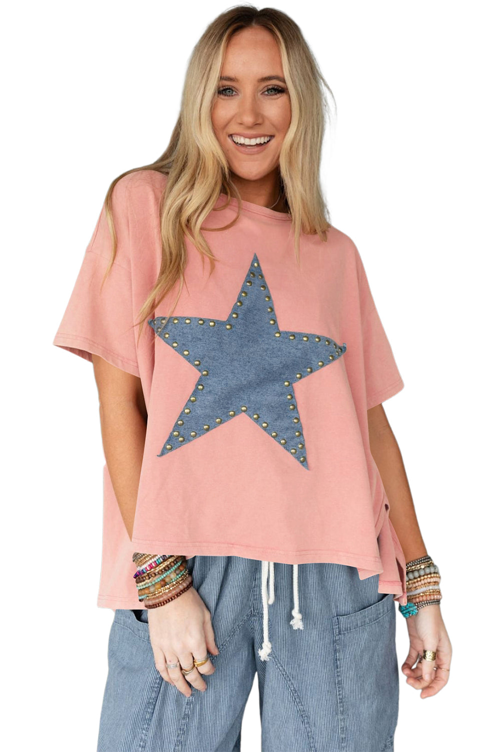 Apricot Pink Studded Star Patch Side Slits High Low Tee