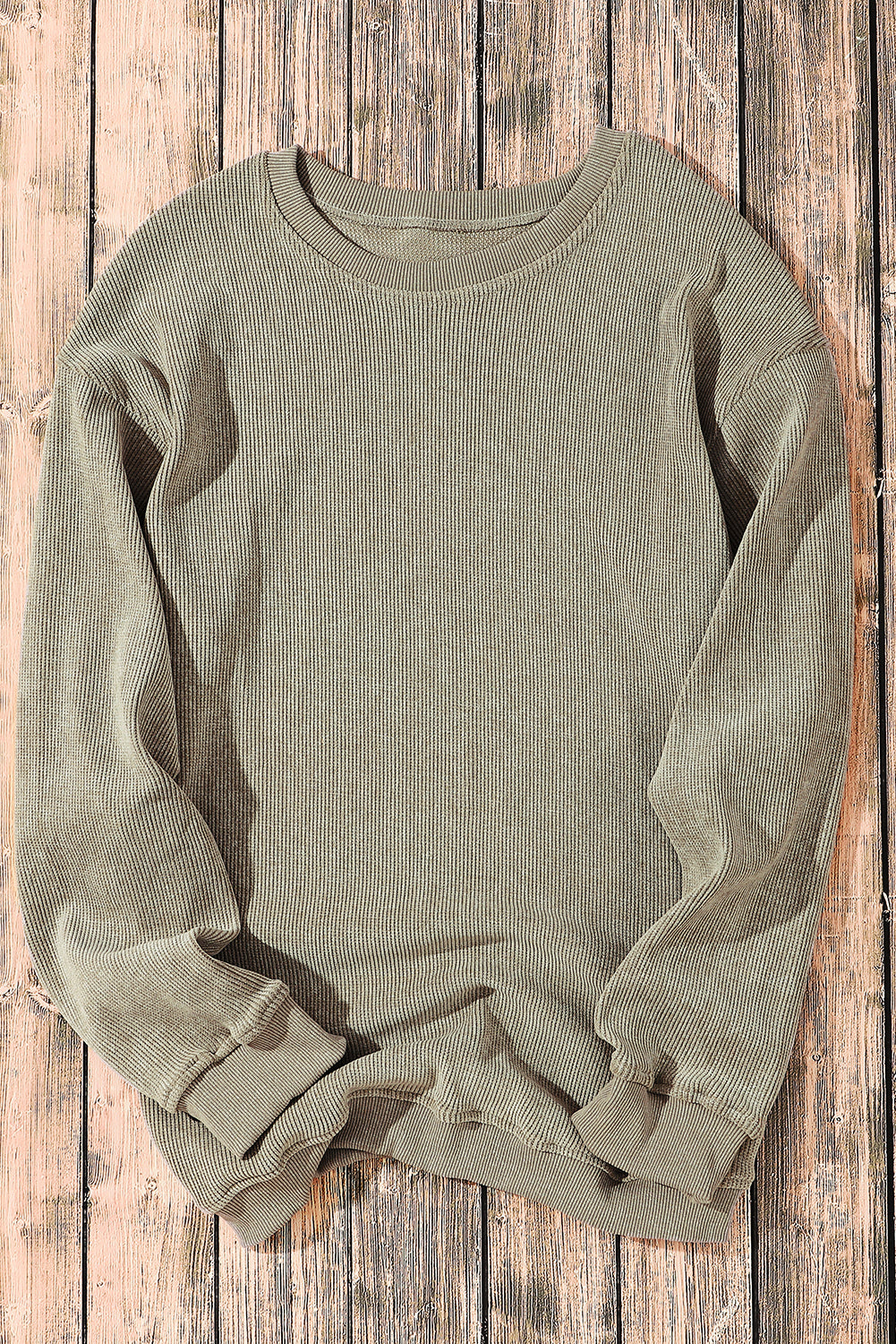 Khaki Solid Ribbed Round Neck Pullover Sweatshirt