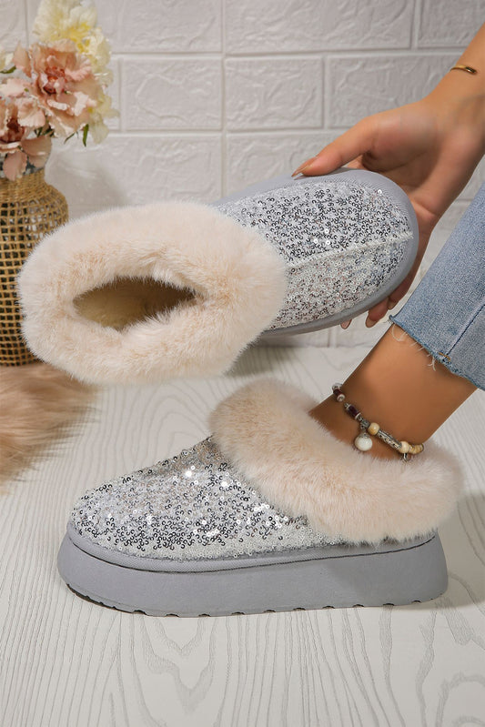 Silvery Sequin Plush Lined Thick Sole Snow Boots