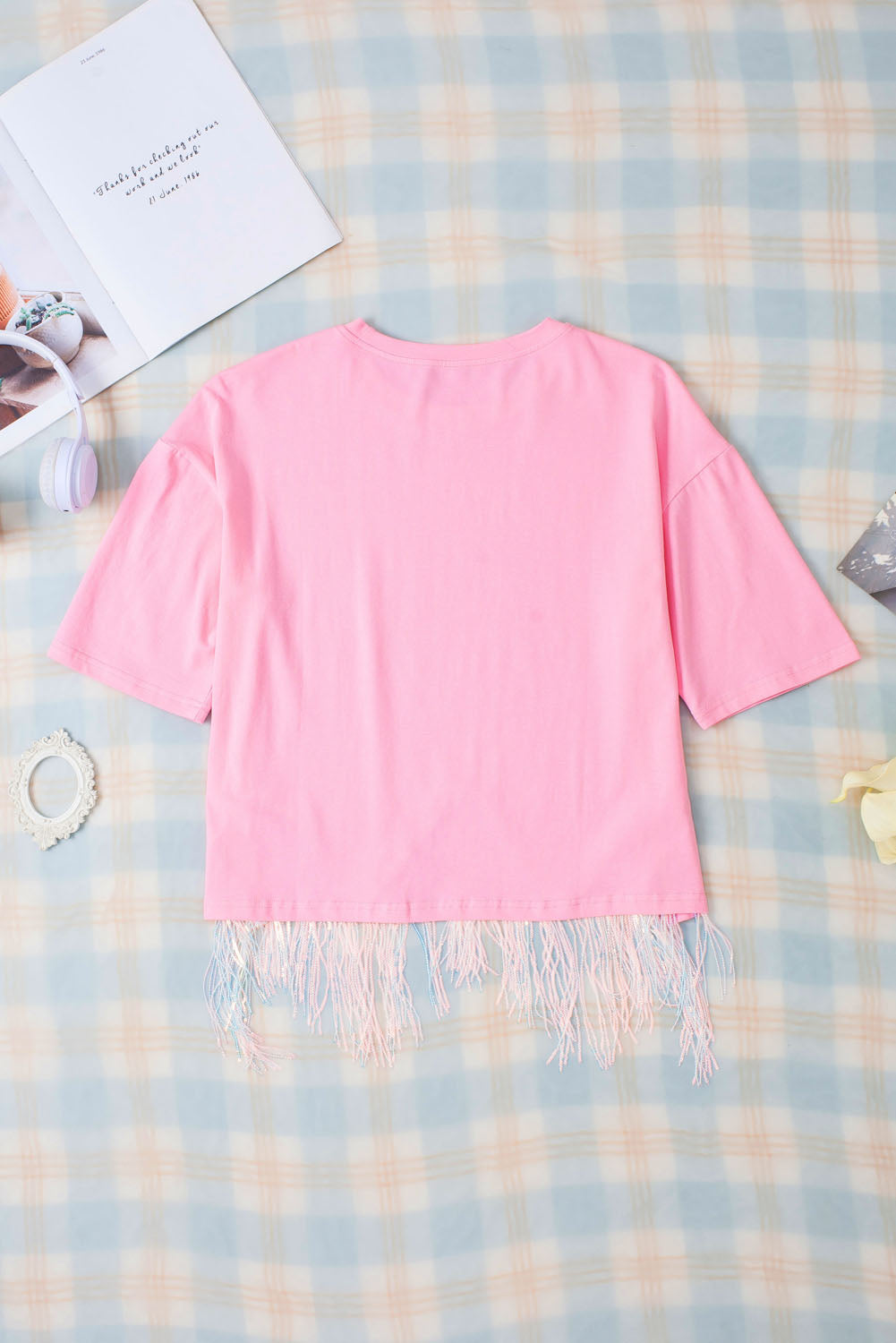 Pink Casual Fringe Sequin Hem Cropped T Shirt