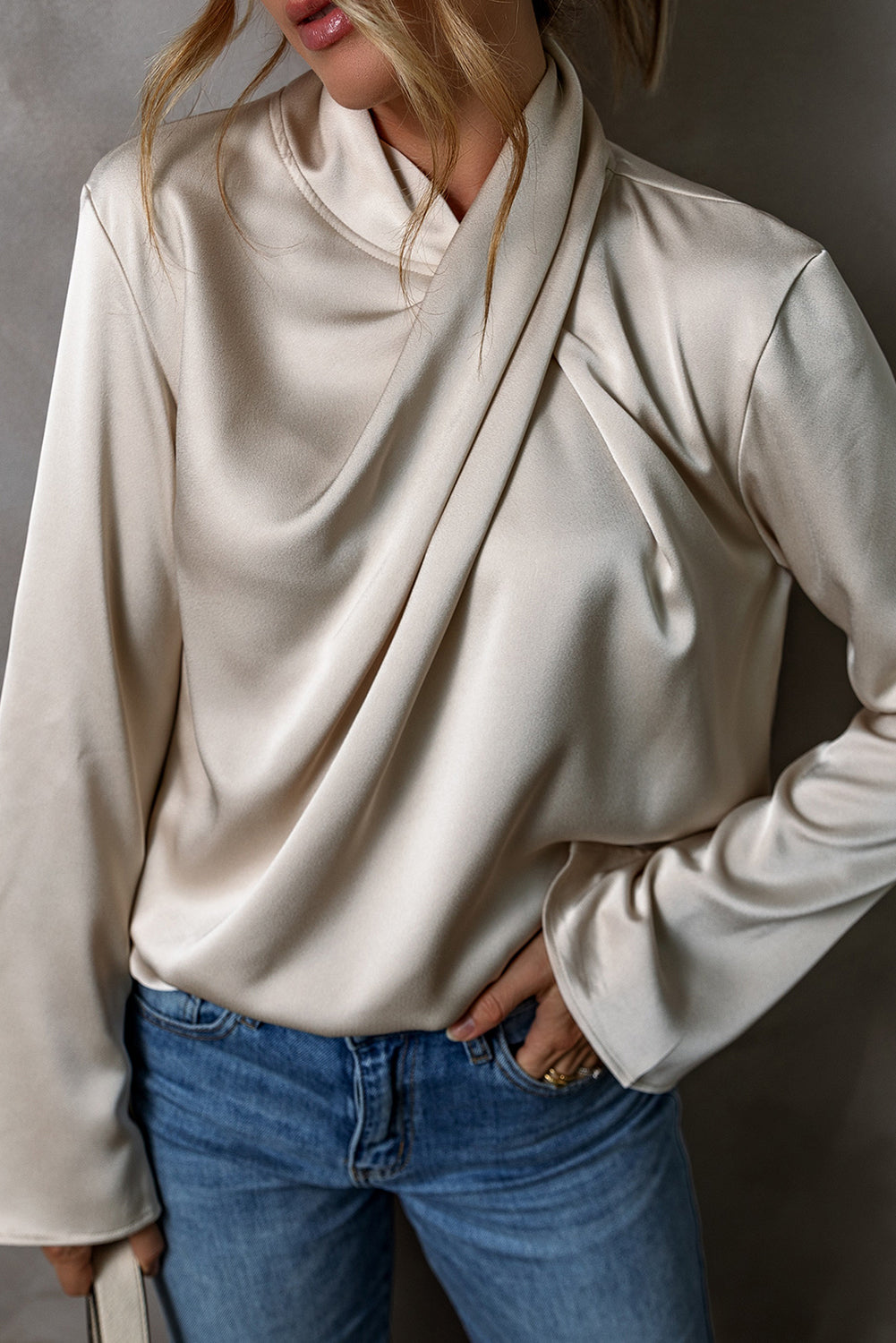 Jet Stream Draped Asymmetric Neck Keyhole Back Satin Blouse