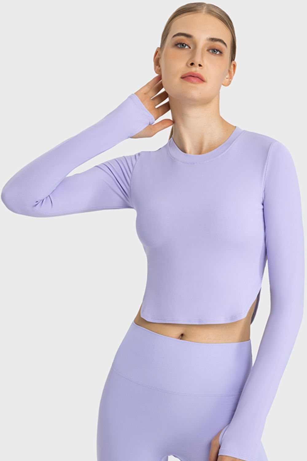 Millennia Side Slit Long Sleeve Round Neck Crop Top