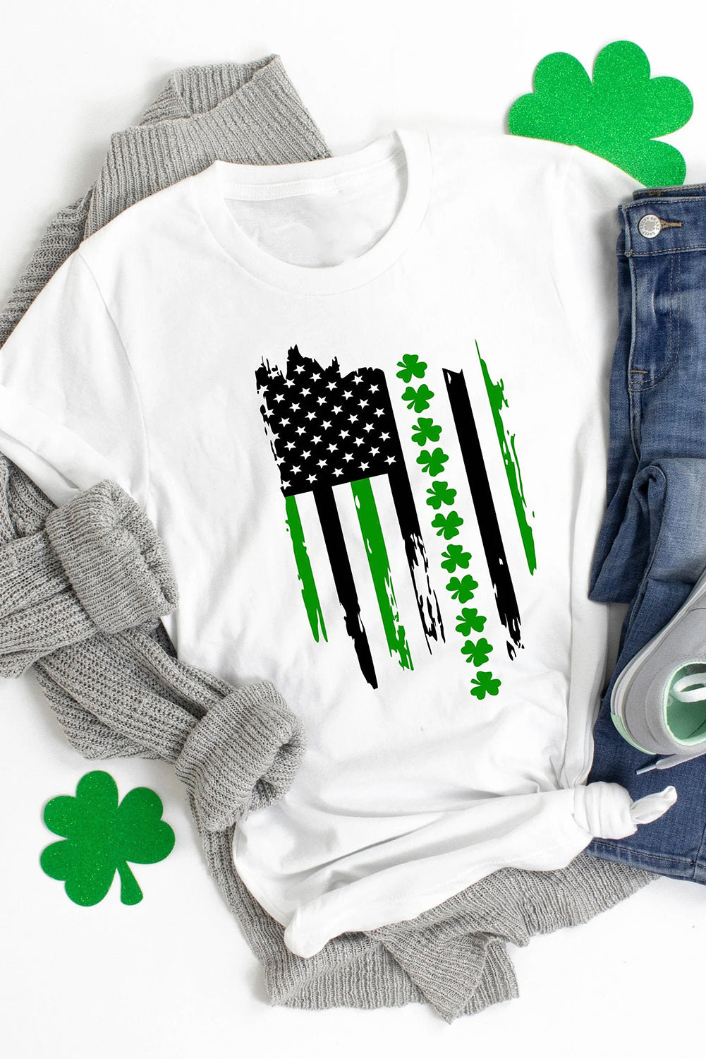 White St. Patricks Clover American Flag Graphic Crewneck Tee