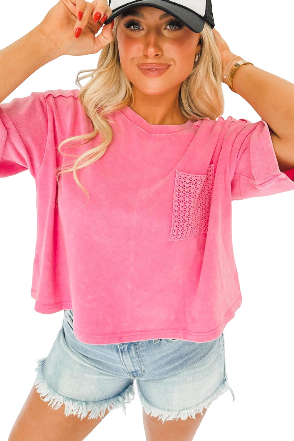 Pink Washed Short Sleeve T Shirt with Crochet Pocket