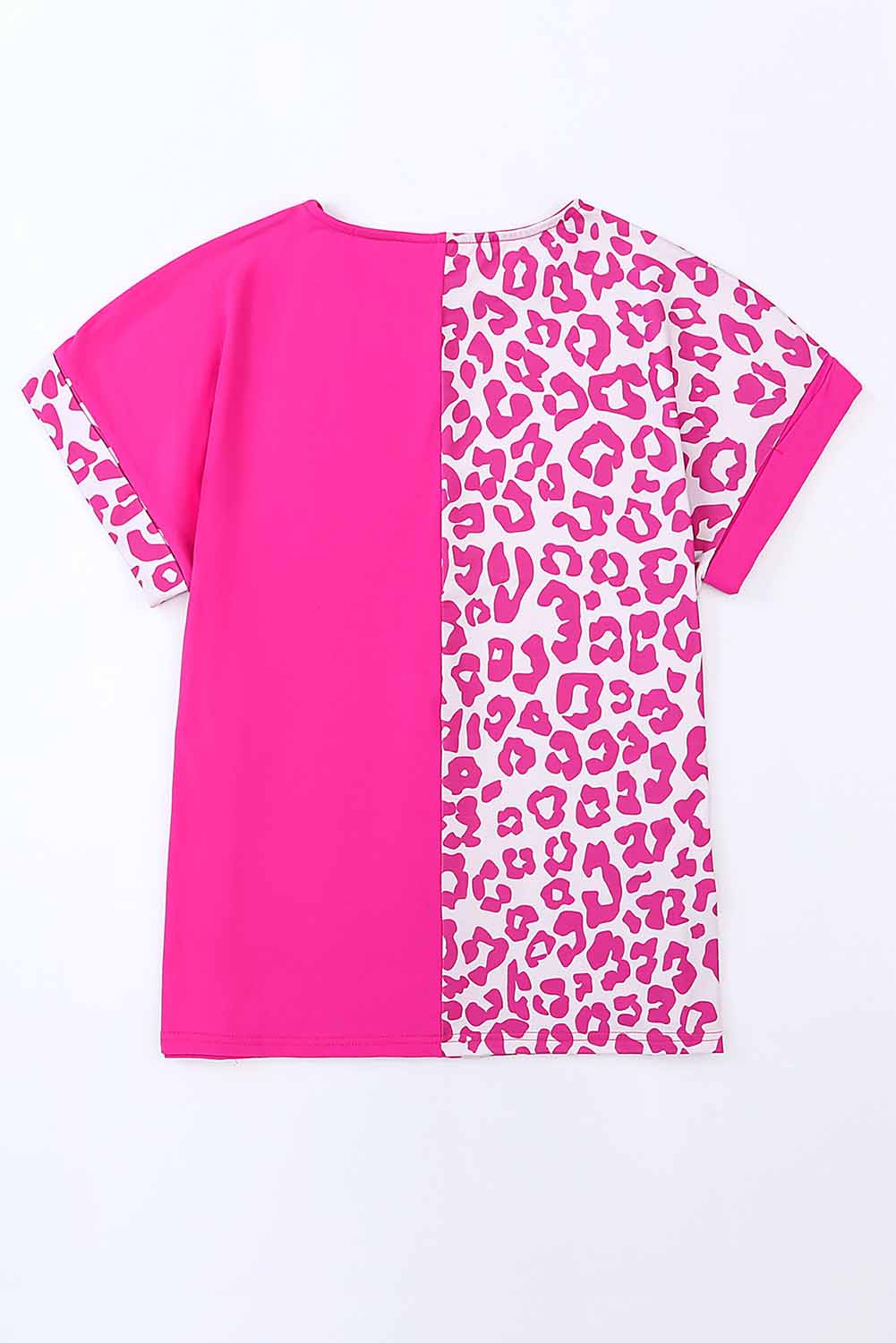 Rosy Leopard Print Top Color Block Rolled Up Sleeve Casual T Shirt