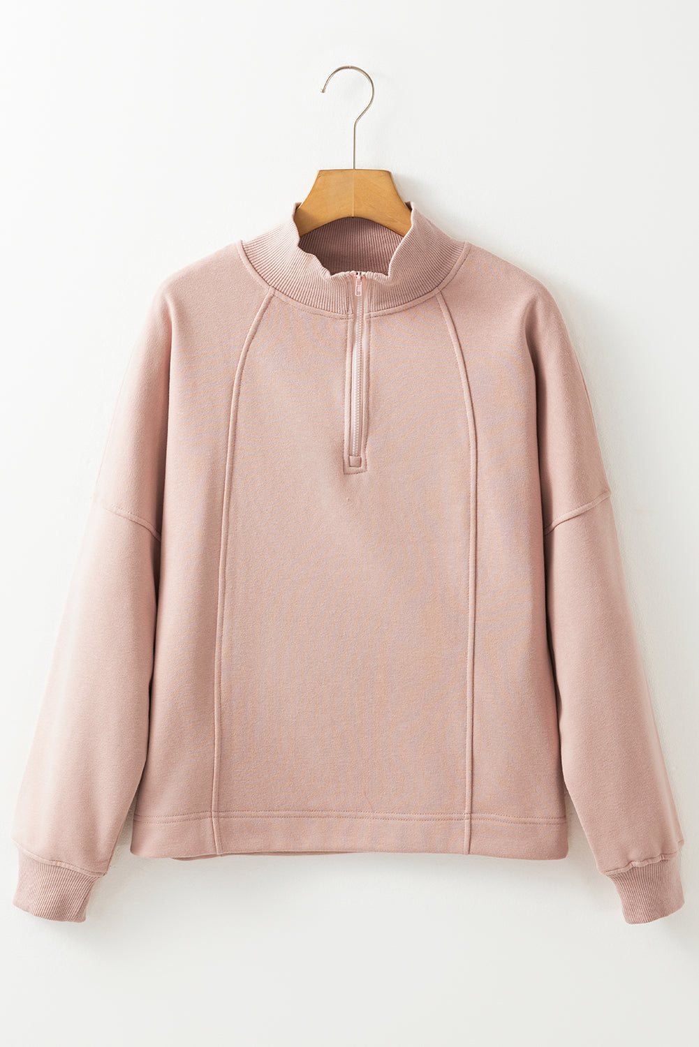 White Zipper Collared Drop Shoulder Plain Sweatshirt