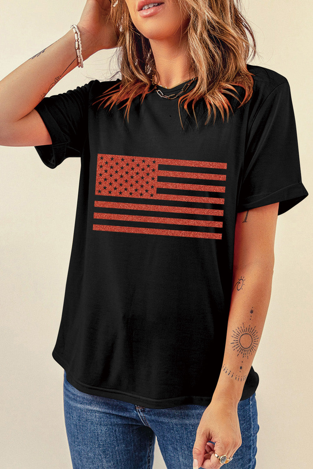 Black Sequin American Flag Graphic Round Neck T Shirt