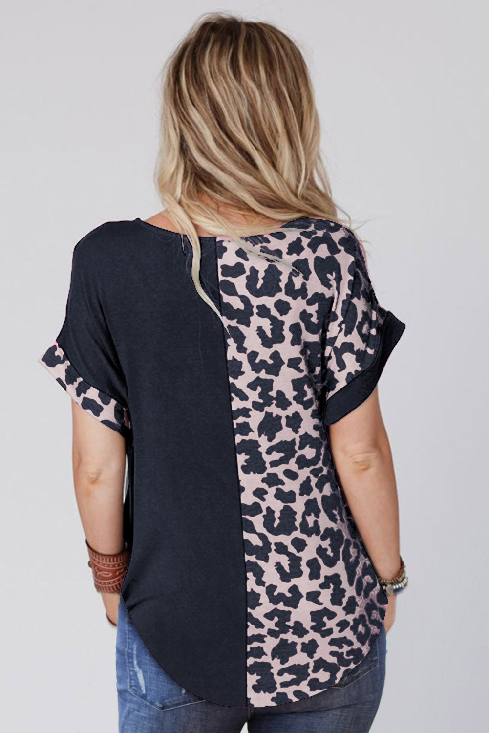 Rosy Leopard Print Top Color Block Rolled Up Sleeve Casual T Shirt