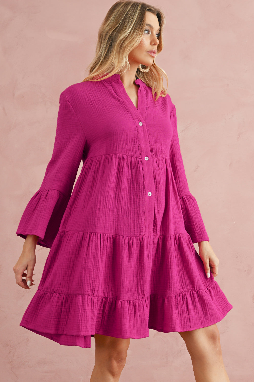 Rose Crinkled Tiered Split Neck Shirt Dress