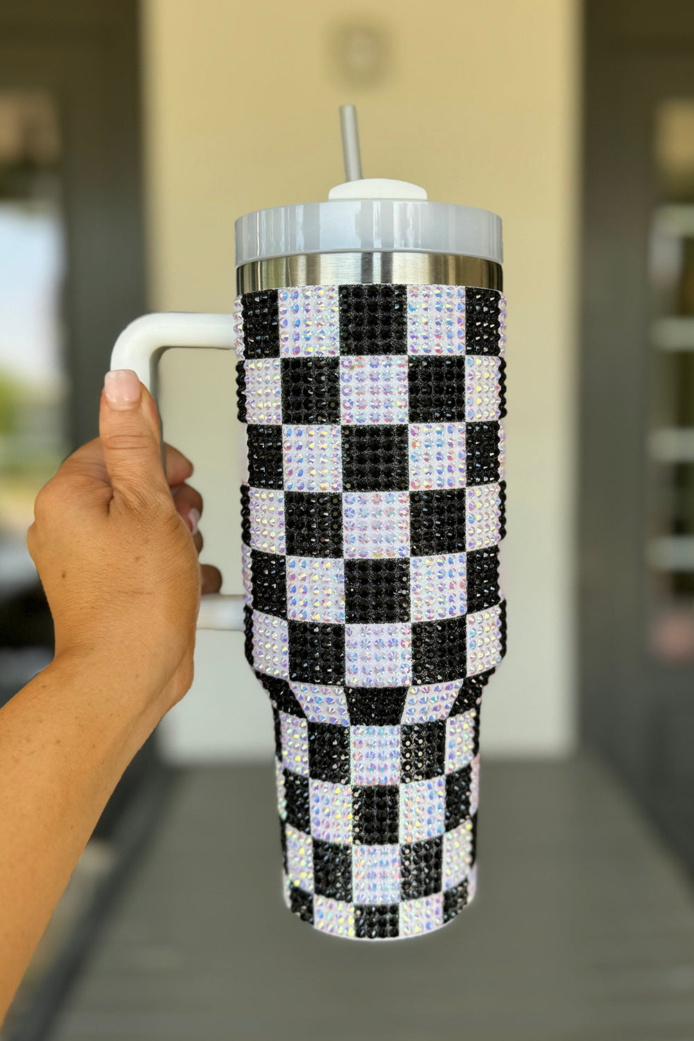 Blackish Green 40oz Rhinestone Checkered Tumbler Cup