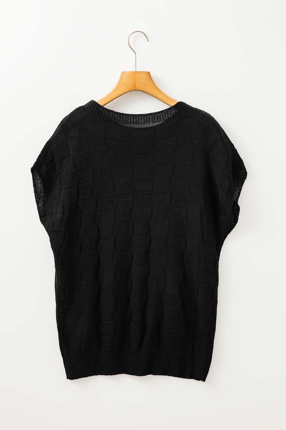 Black Lattice Textured Knit Short Sleeve Baggy Sweater