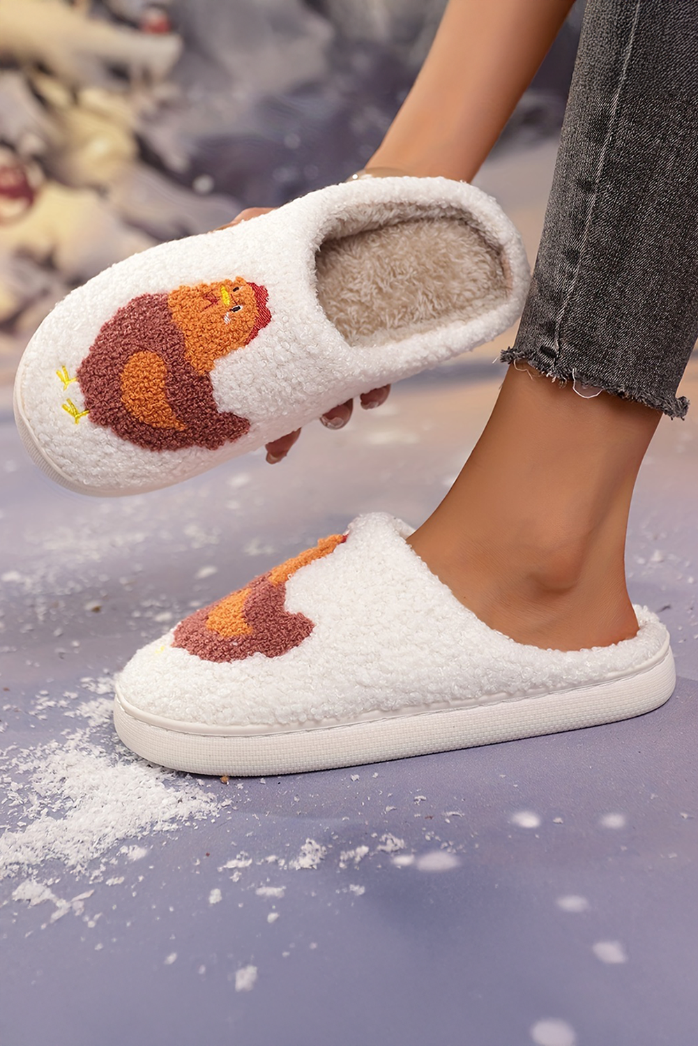 White Cute Turkey Fuzzy Winter Slippers