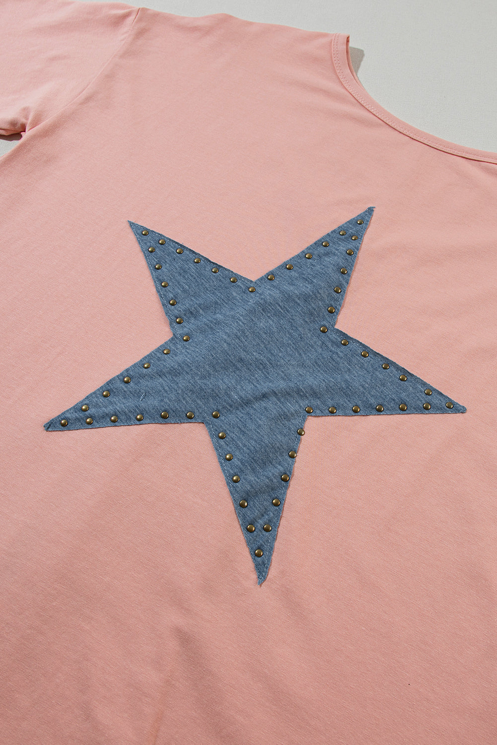 Apricot Pink Studded Star Patch Side Slits High Low Tee