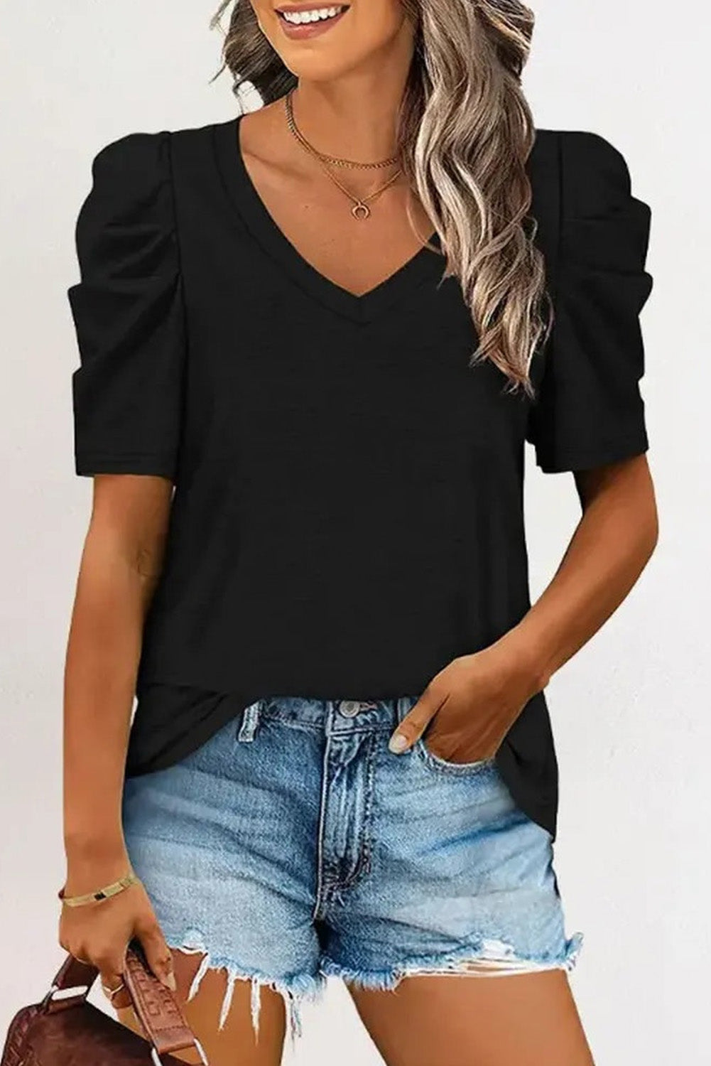 White Puff Sleeve Casual V Neck T-Shirt