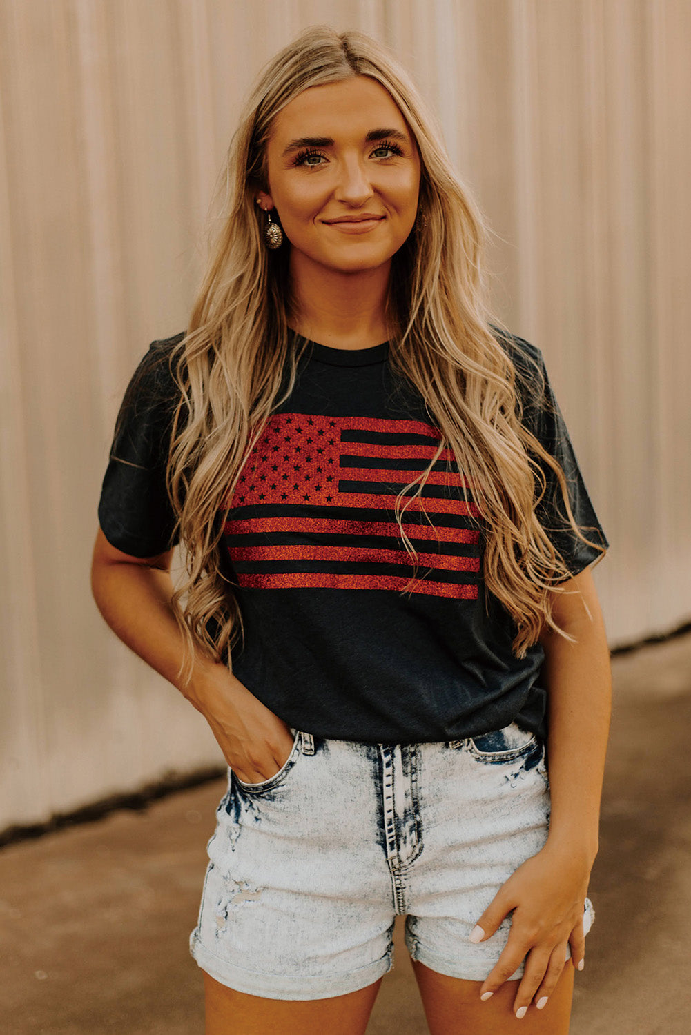 Black Sequin American Flag Graphic Round Neck T Shirt